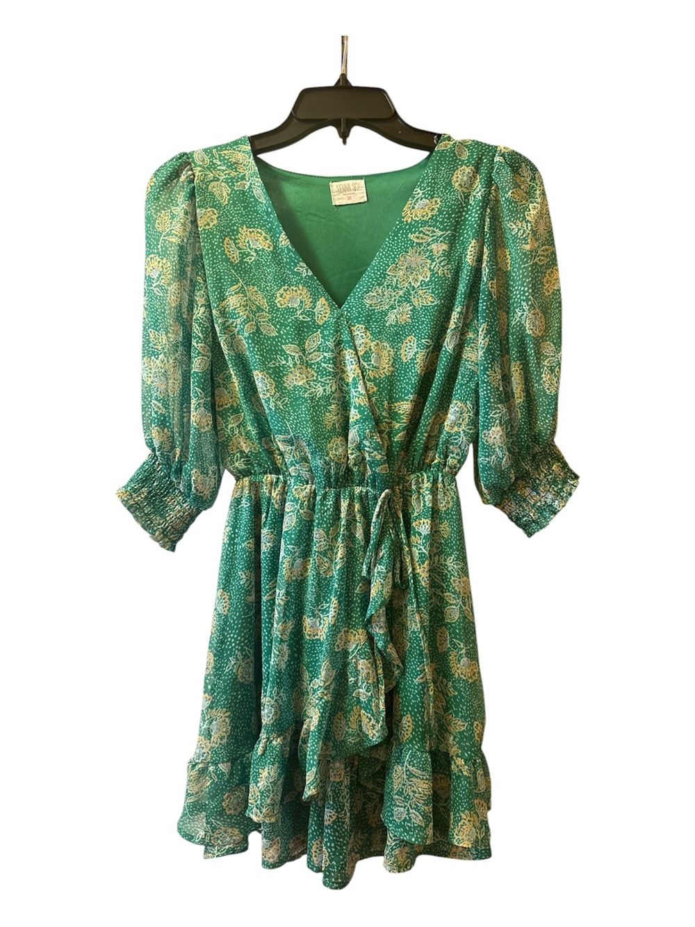 Sienna Sky Green Floral Ruffled Wrap Mini Dress